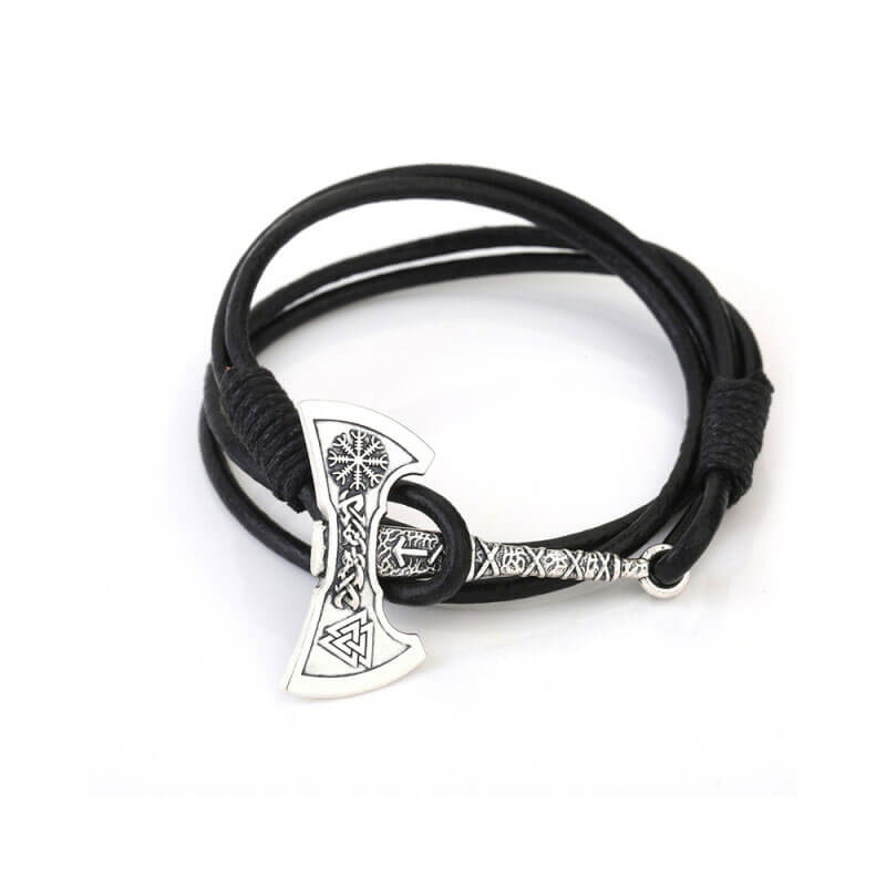 Bracelet viking double hache argenté cuir